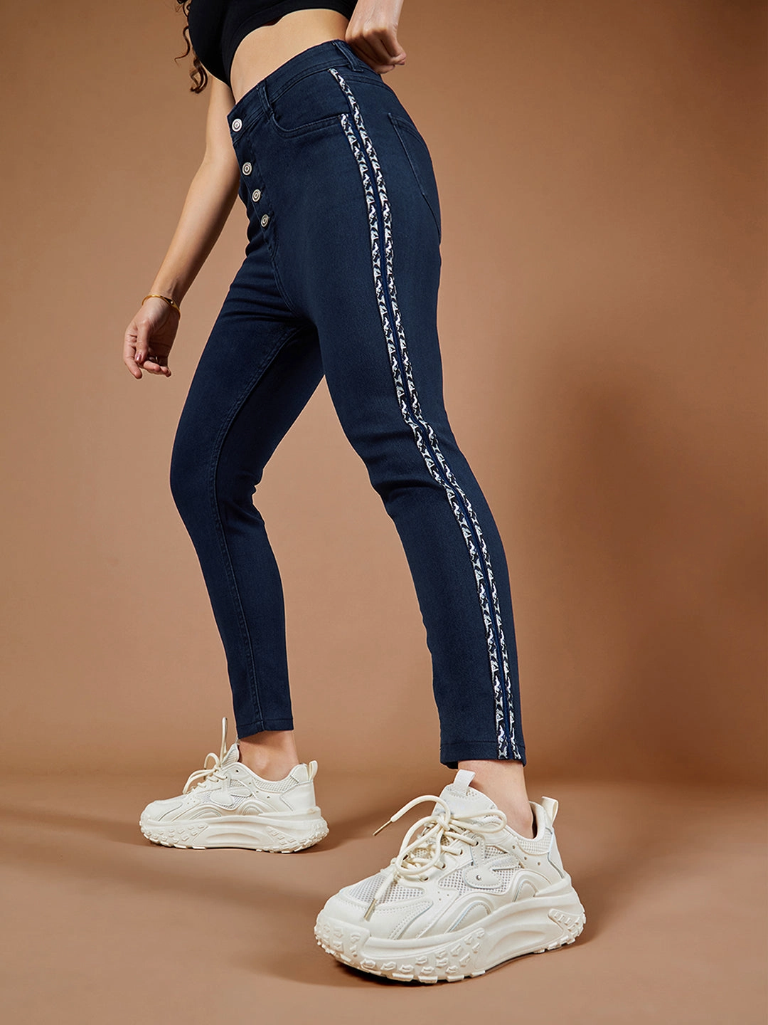 Women's Navy-Blue Skinny High-Rise Cropped Denim Jeans Fitted Comfort