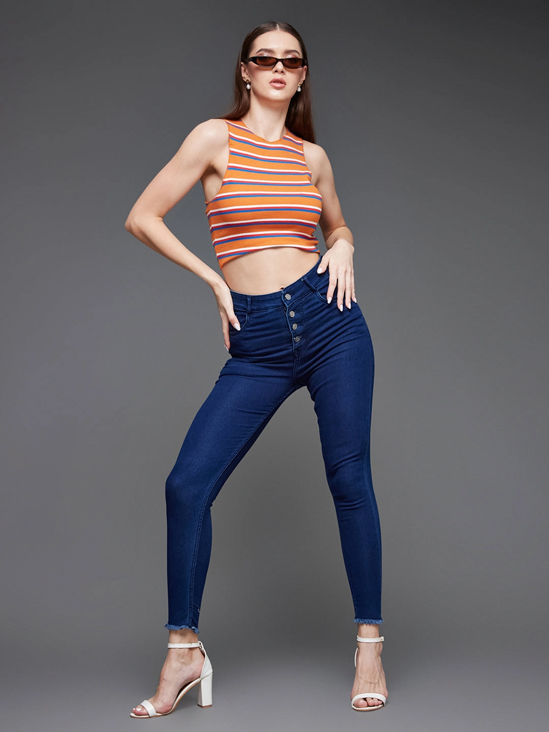 Contemporary Look Stylish Fit Women's Navy-Blue Skinny High-Rise Fringed Hemline Cropped Stretchable Denim Jeans