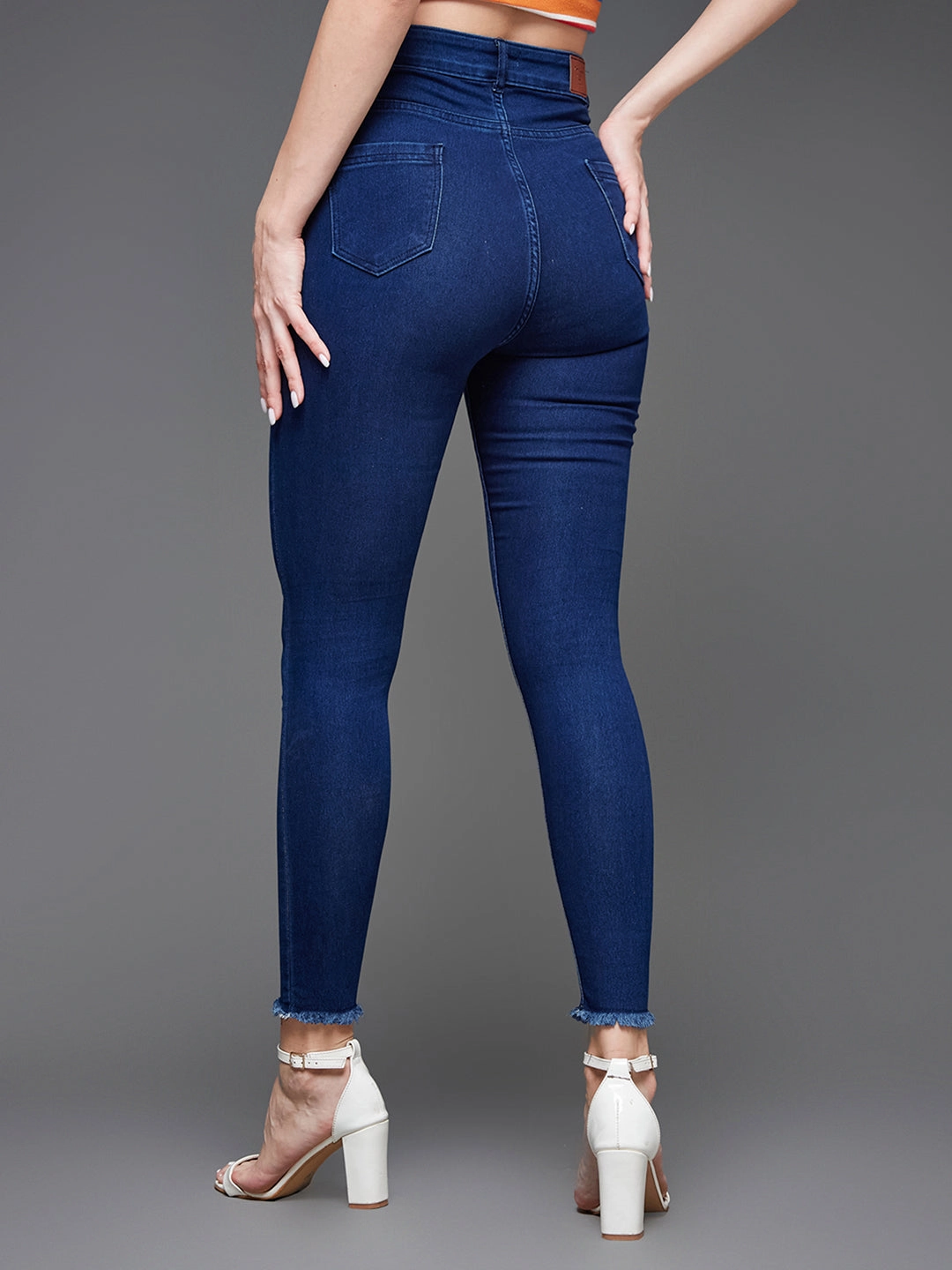 Women's Navy-Blue Skinny High-Rise Fringed Hemline Cropped Stretchable Denim Jeans Soft Road Trip Youth Style