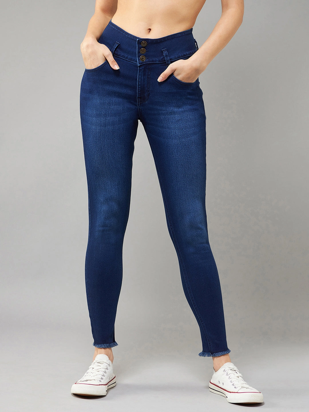 Soft Eco Friendly Wide Leg Silhouette Women's Navy-Blue Skinny High-Rise Stretchable Denim Jeans