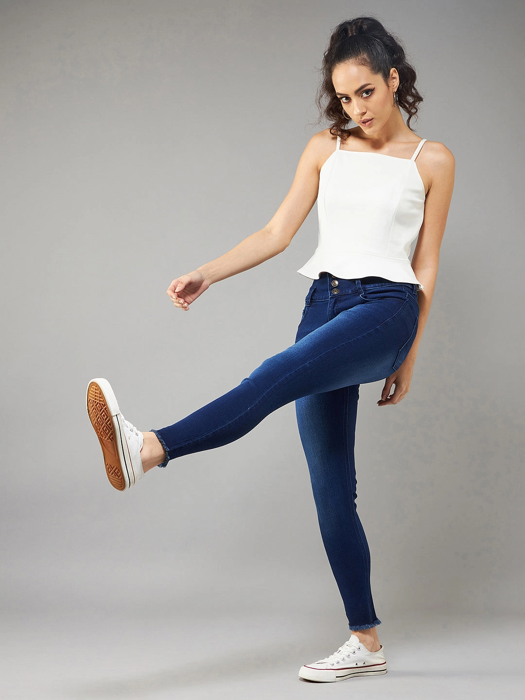 Women's Navy-Blue Skinny High-Rise Stretchable Denim Jeans Minimalist Weekend Getaway Casual Work Meeting Relaxed Style