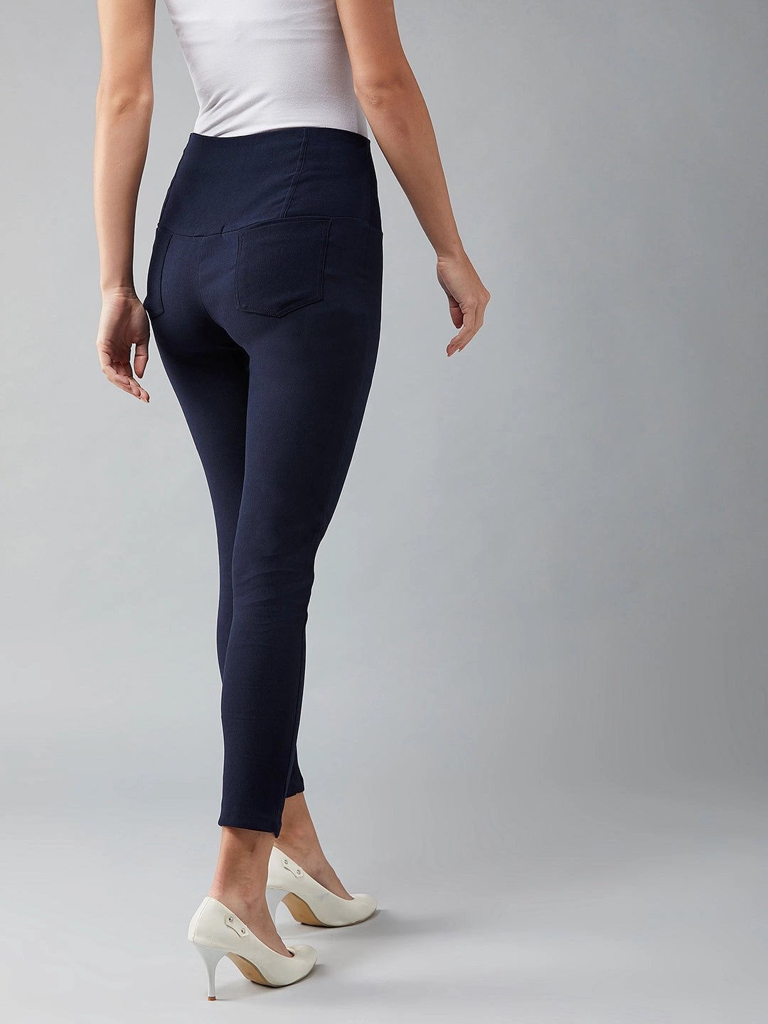 Smart Style Women's Navy Blue Solid High-Waist Patch Pocket Regular Length Treggings