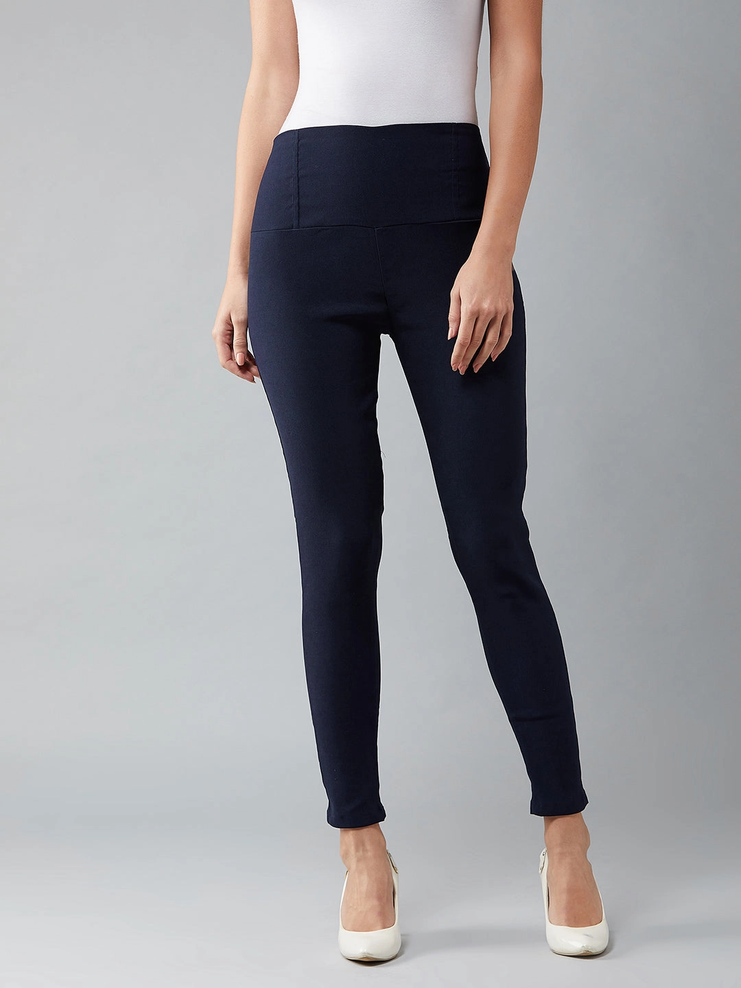 Women's Navy Blue Solid High-Waist Patch Pocket Regular Length Treggings Comfortable Look Wear