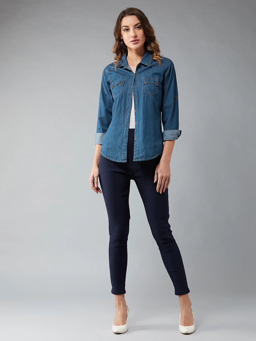 Thermal Lining Women's Navy Blue Solid High-Waist Patch Pocket Regular Length Treggings