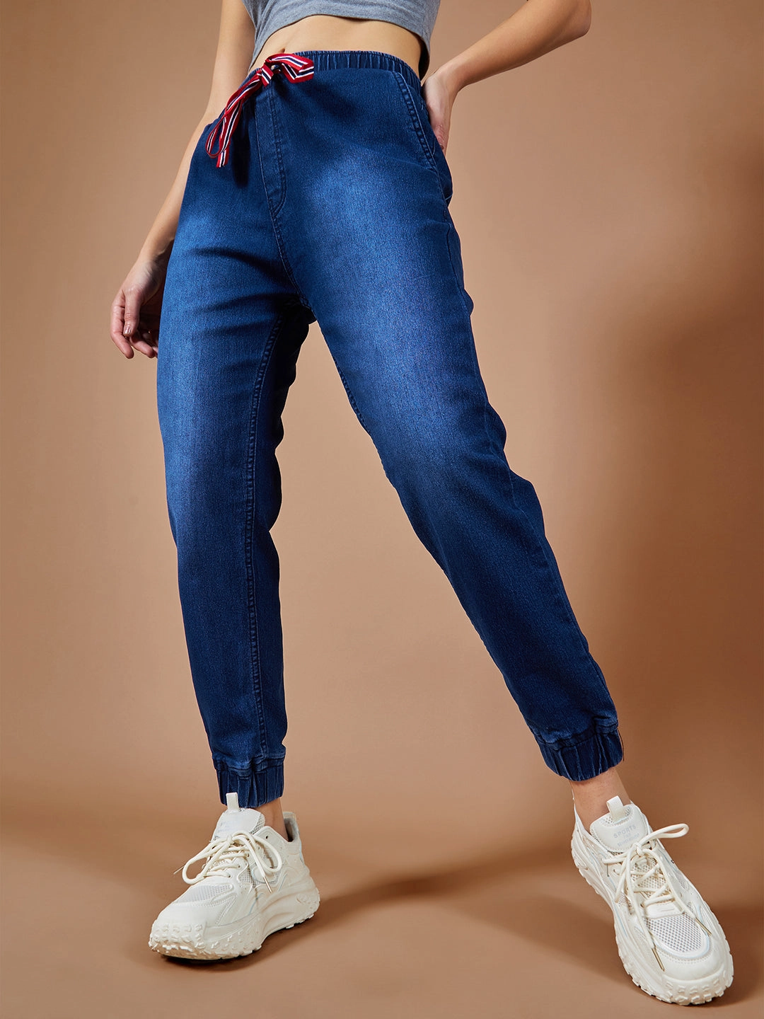 Daily Motion AntiStaticLining Women's Navy Blue Solid Mid Rise Clean-Look Regular Length Stretchable Denim Jogger Pants