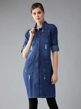 Women's Navy Blue Solid Polo Neck Full Sleeves Patch Pocket Denim Overcoat Knee-Length Jacket Cozy Texture Cool Season