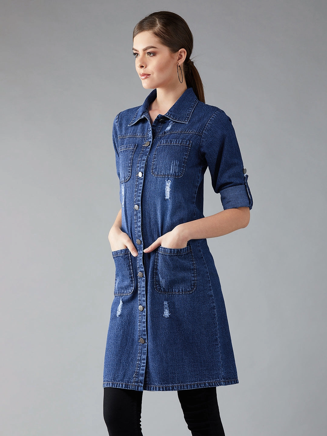 Rainy Day Option Multipurpose Layering Women's Navy Blue Solid Polo Neck Full Sleeves Patch Pocket Denim Overcoat Knee-Length Jacket