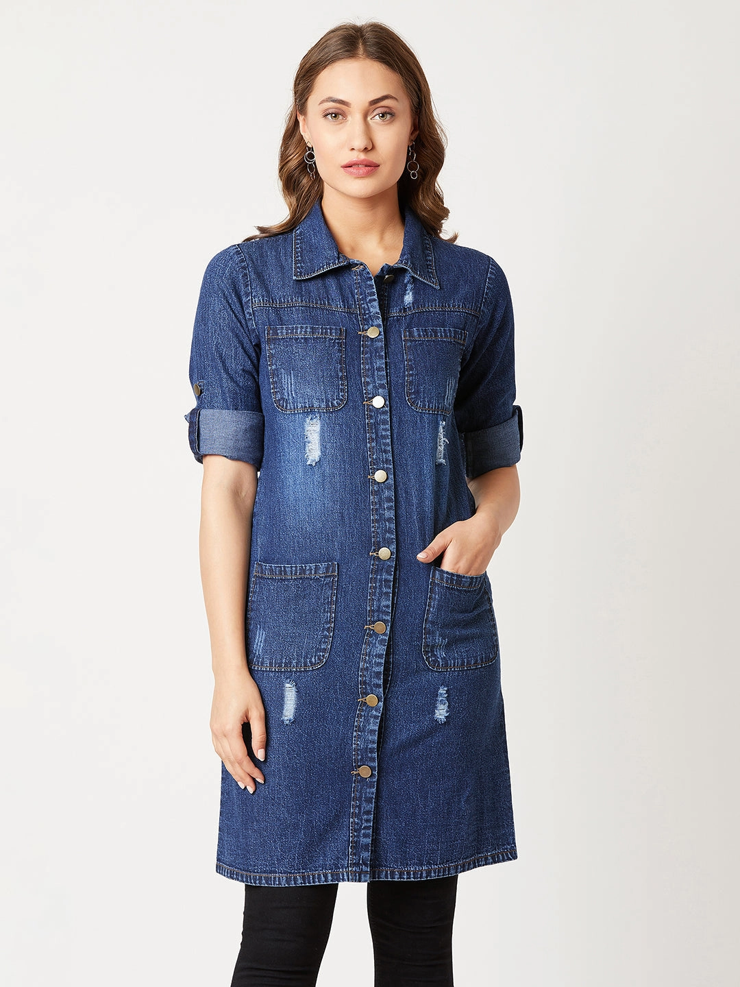 Ergonomic Drape Elastic Hem Adjustment Women's Navy Blue Solid Polo Neck Full Sleeves Patch Pocket Denim Overcoat Knee-Length Jacket