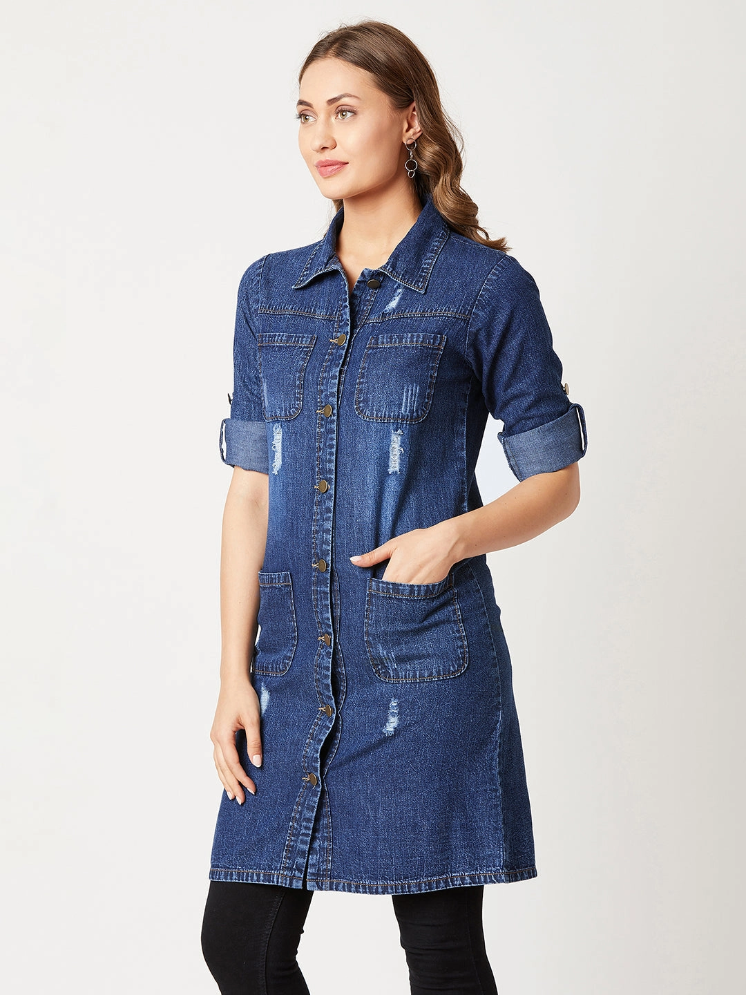 Holiday Trip Seamless Shoulder Design Women's Navy Blue Solid Polo Neck Full Sleeves Patch Pocket Denim Overcoat Knee-Length Jacket