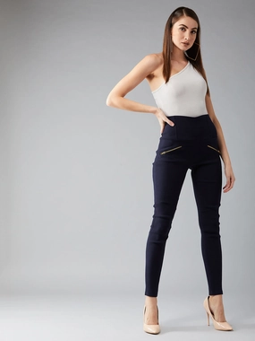 Chilly Layering Women's Navy Blue Solid Skinny High-Waist Regular Length Zipper Detailing Treggings