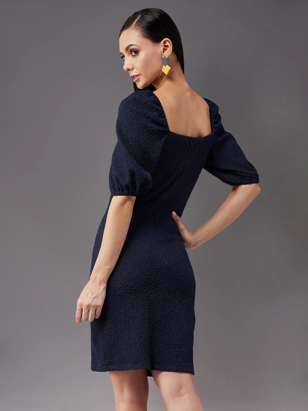 Women's Navy Blue Square Neck Puff Half sleeve Solid Bodycon Knee-Long Dress Natural Form