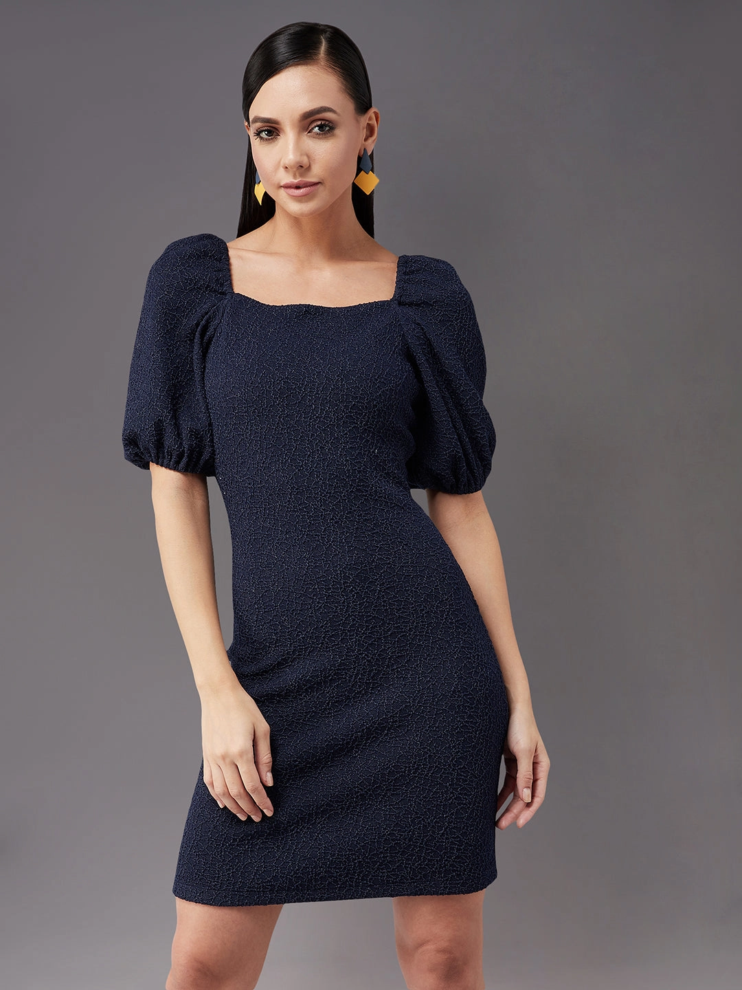Women's Navy Blue Square Neck Puff Half sleeve Solid Bodycon Knee-Long Dress Elegant Mature