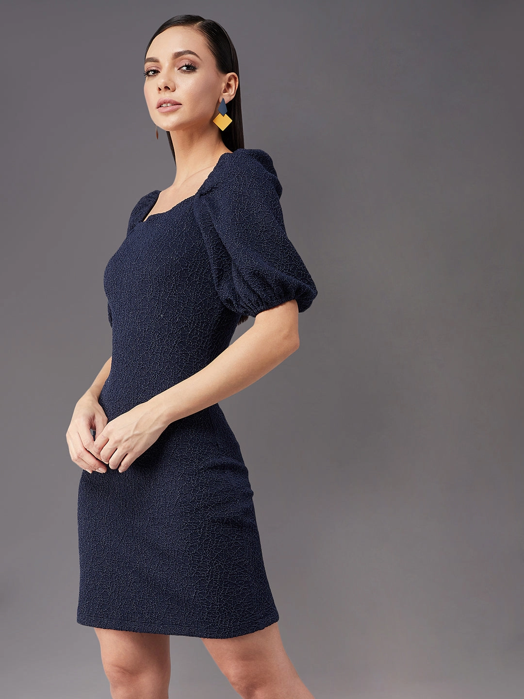 Women's Navy Blue Square Neck Puff Half sleeve Solid Bodycon Knee-Long Dress Elegant Simplicity Tactile Feel