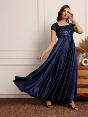 Fit Clean Women's Navy Blue Square Neck Short Sleeve Embellished Fit & Flare Maxi Dress