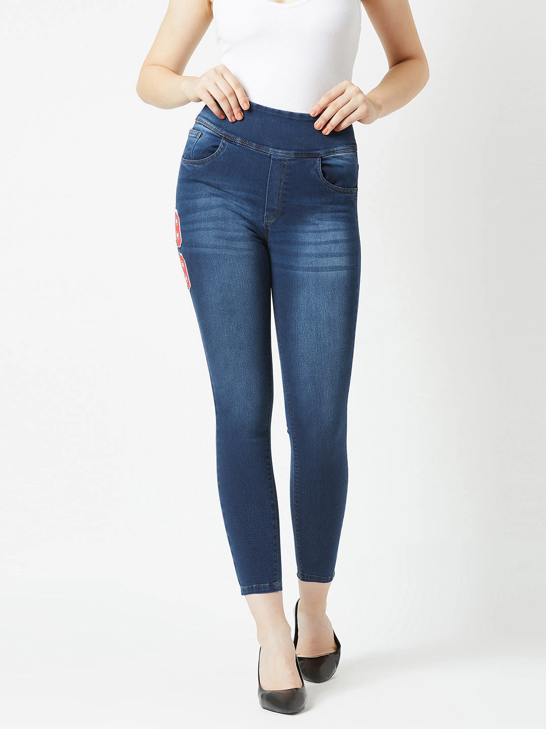 Women's Navy Blue Super Skinny-Fit with Printed Patch High-Rise Stretchable Regular Length Denim Jeggings Barrel Waist Quick Pack