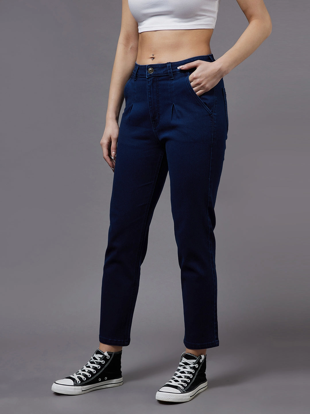 No Fuss Wear Women's Navy-Blue Tapered Fit High-Rise Stretchable Denim Jeans