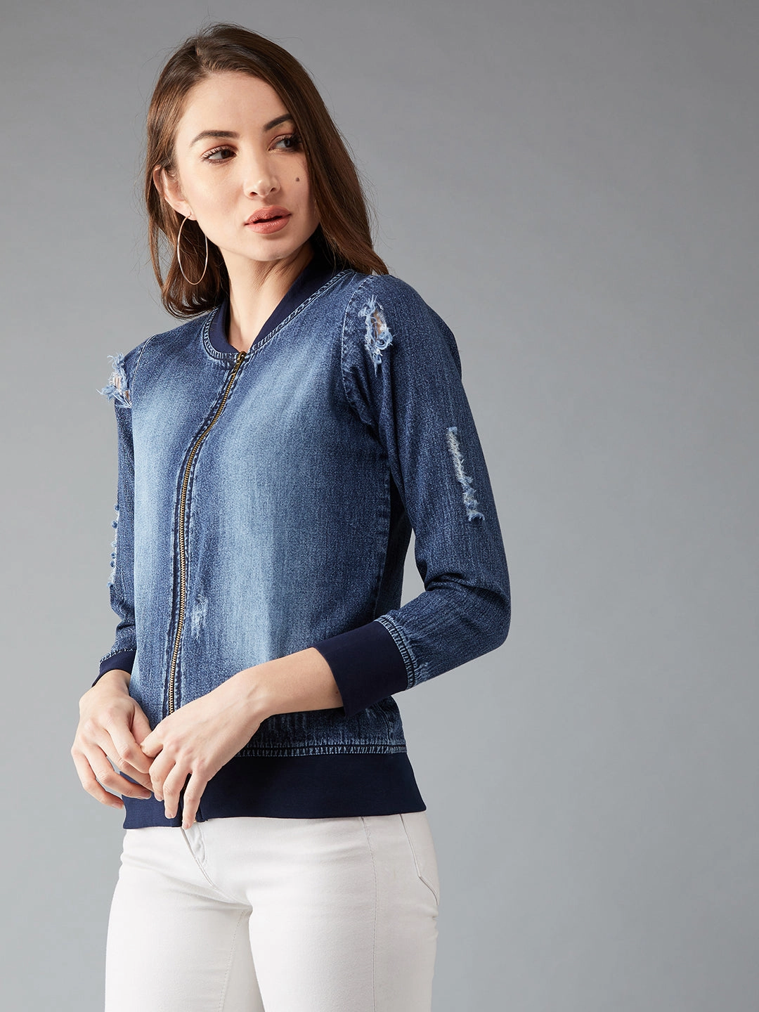 Women's Navy Blue V-Neck Full Sleeve Solid Bomber Regular Jacket Roll up sleeves Multi Layer Construction