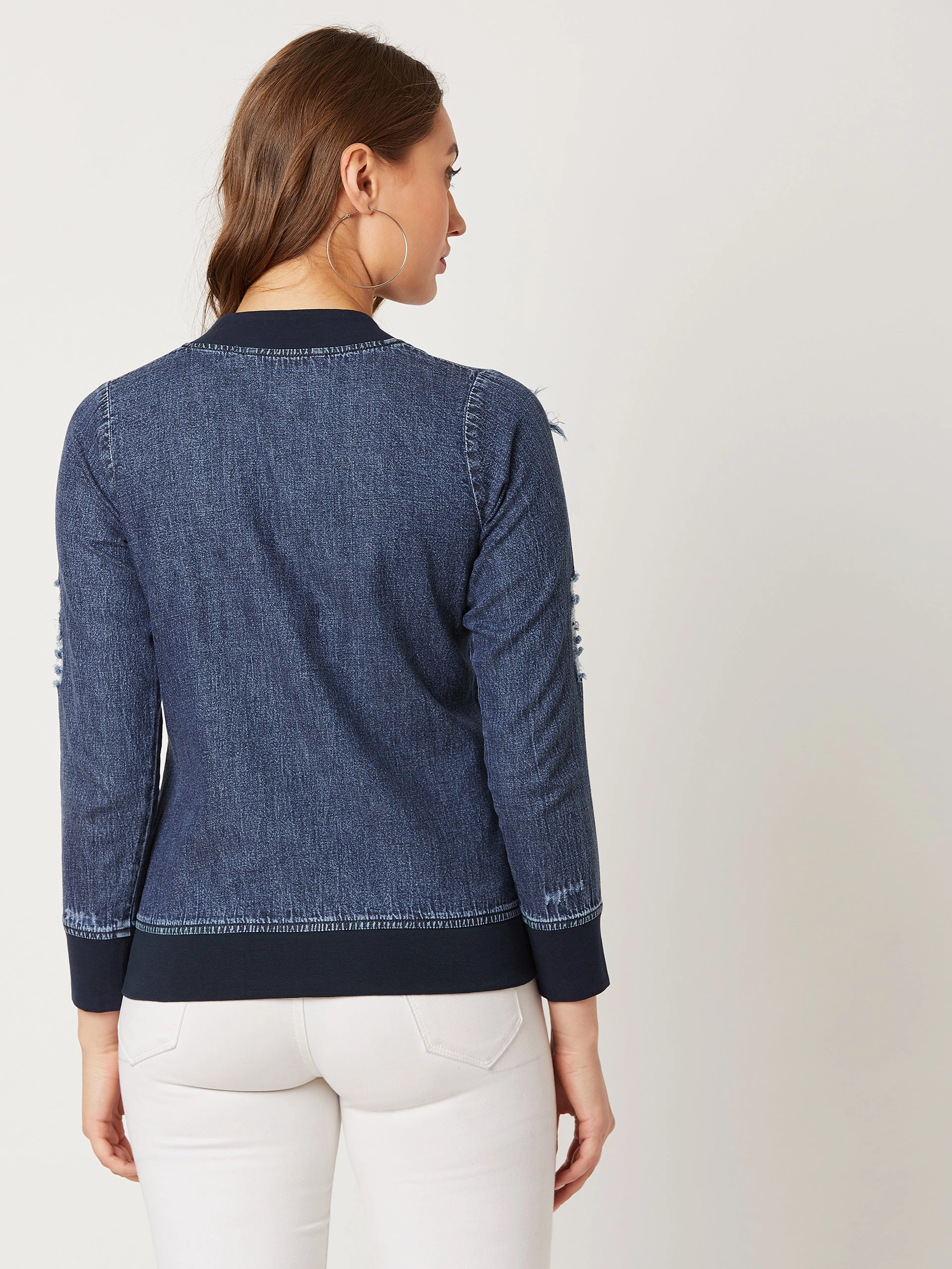 Layer Essential Piece Sustainable Material Women's Navy Blue V-Neck Full Sleeve Solid Ripped Bomber Regular Length Denim Jacket