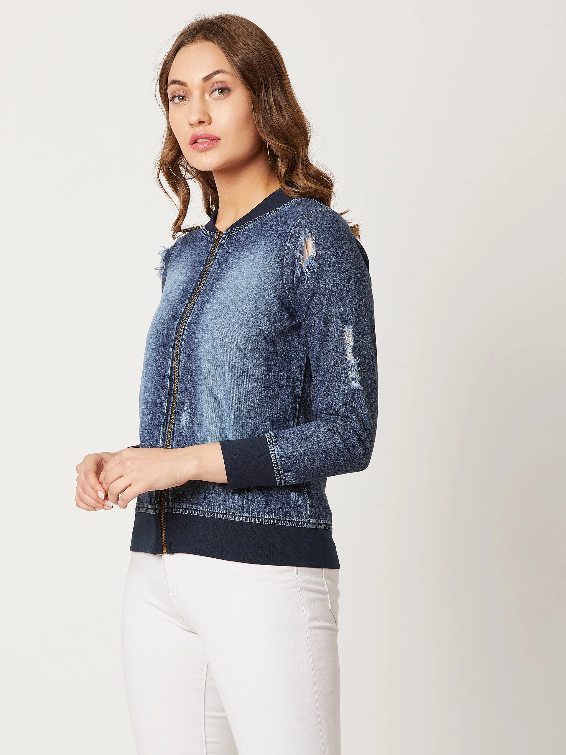 Long Length Trendy Must Have Women's Navy Blue V-Neck Full Sleeve Solid Ripped Bomber Regular Length Denim Jacket