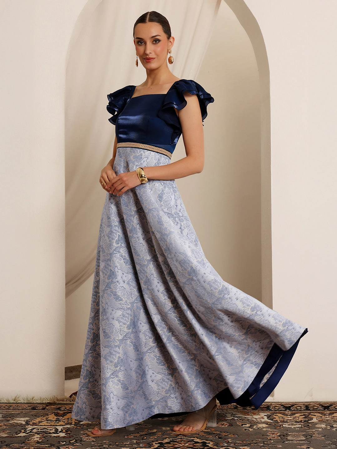 Comfy and Chic Love Blend Women's Navy Blue White Square Neck Ruffled Floral Maxi Dress