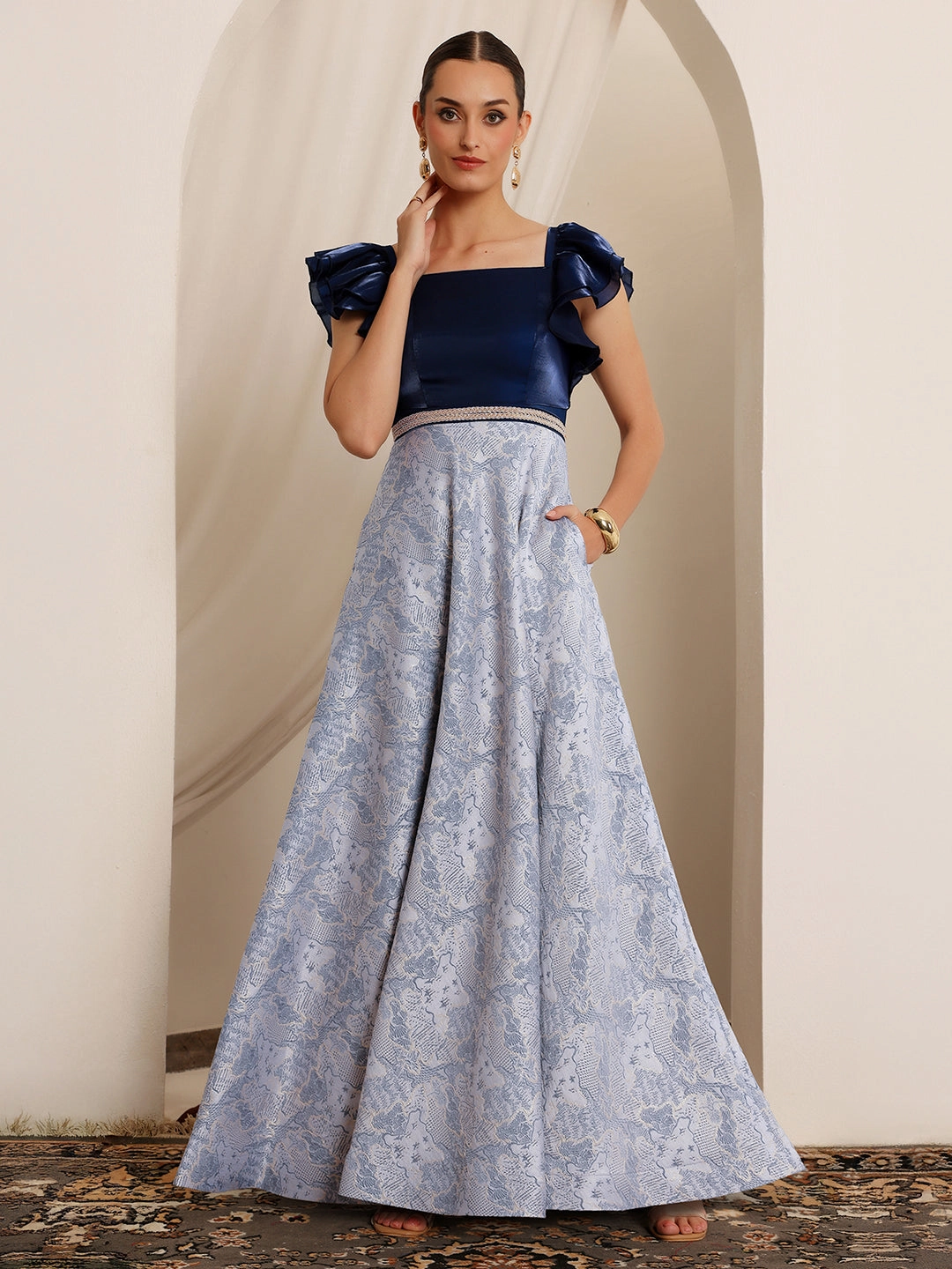 Cozy Layers Urban appeal Women's Navy Blue White Square Neck Ruffled Floral Maxi Dress