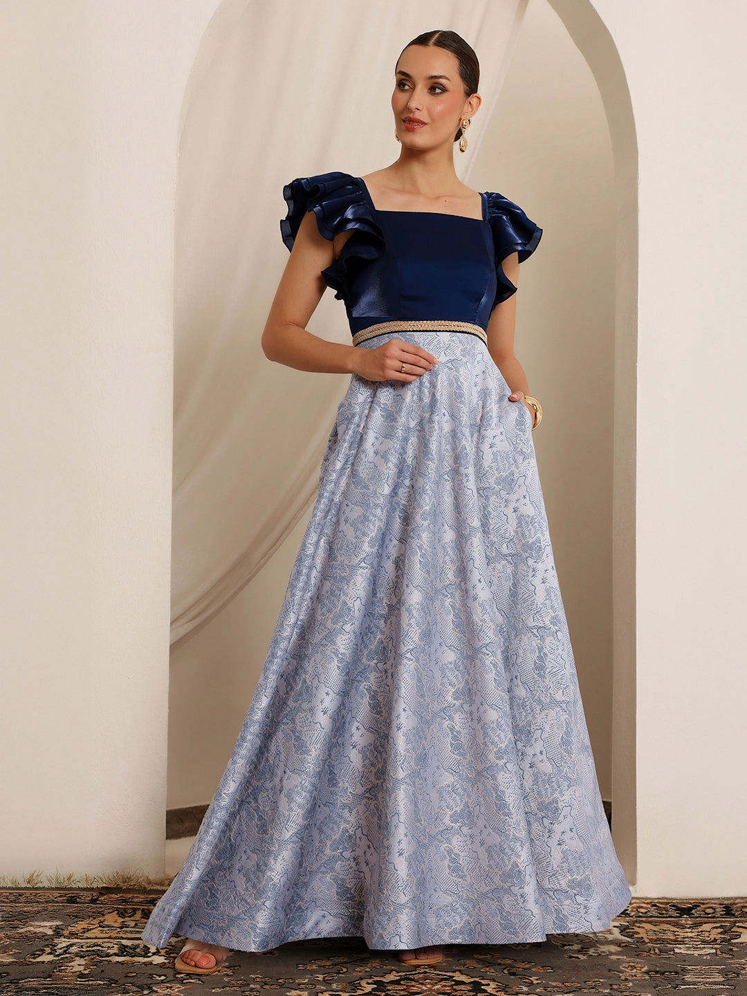 Sharp Finish Inner Smile Women's Navy Blue White Square Neck Ruffled Floral Maxi Dress