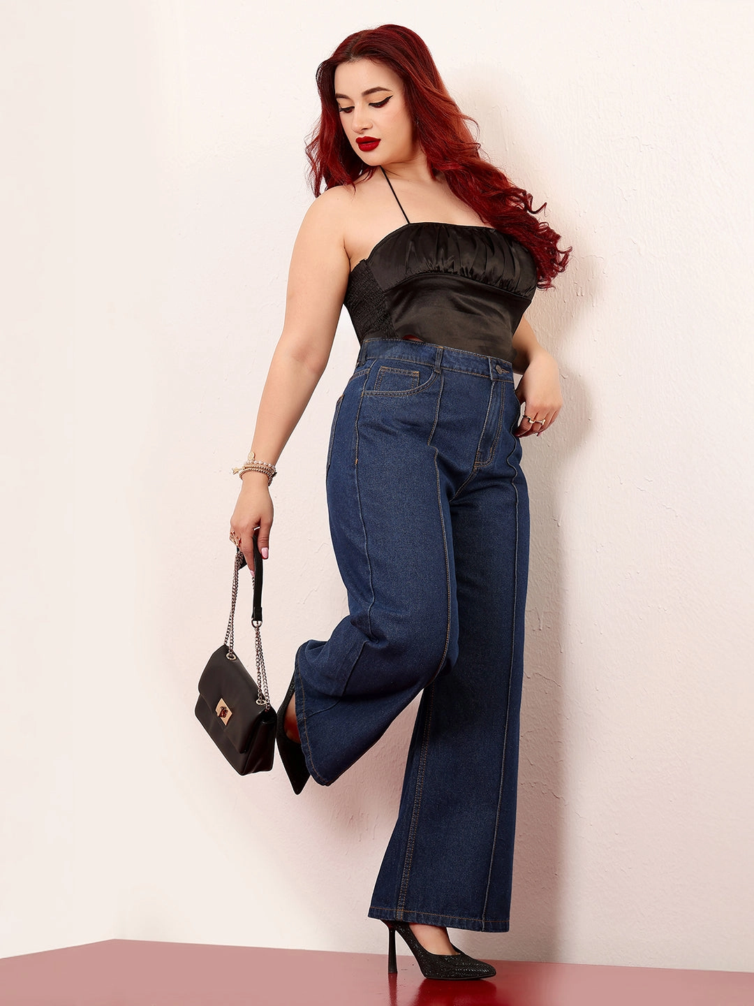 Date Night Casual Friday Women's Navy Blue Wide-Leg High-Rise Clean-Look Regular-Length Non-stretchable Denim Jeans