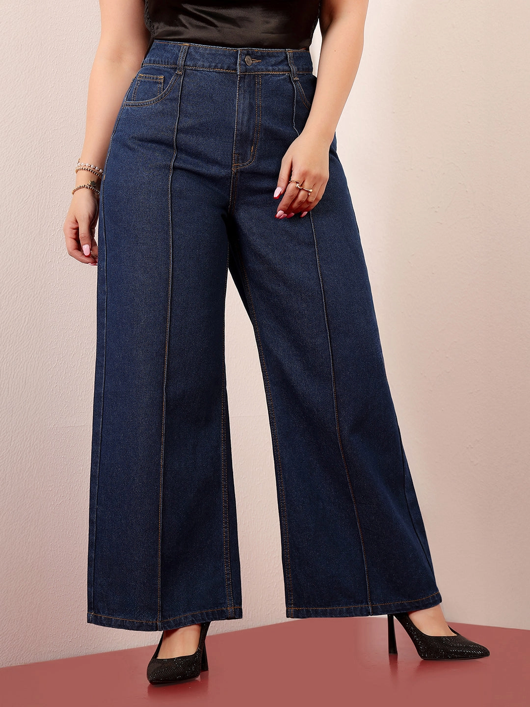 Women's Navy Blue Wide-Leg High-Rise Clean-Look Regular-Length Non-stretchable Denim Jeans Gym Ready Evening Stroll Breathable fabric technology