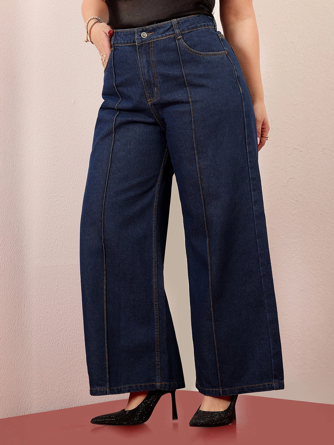 Women's Navy Blue Wide-Leg High-Rise Clean-Look Regular-Length Non-stretchable Denim Jeans Casual Friday Elegant Casual