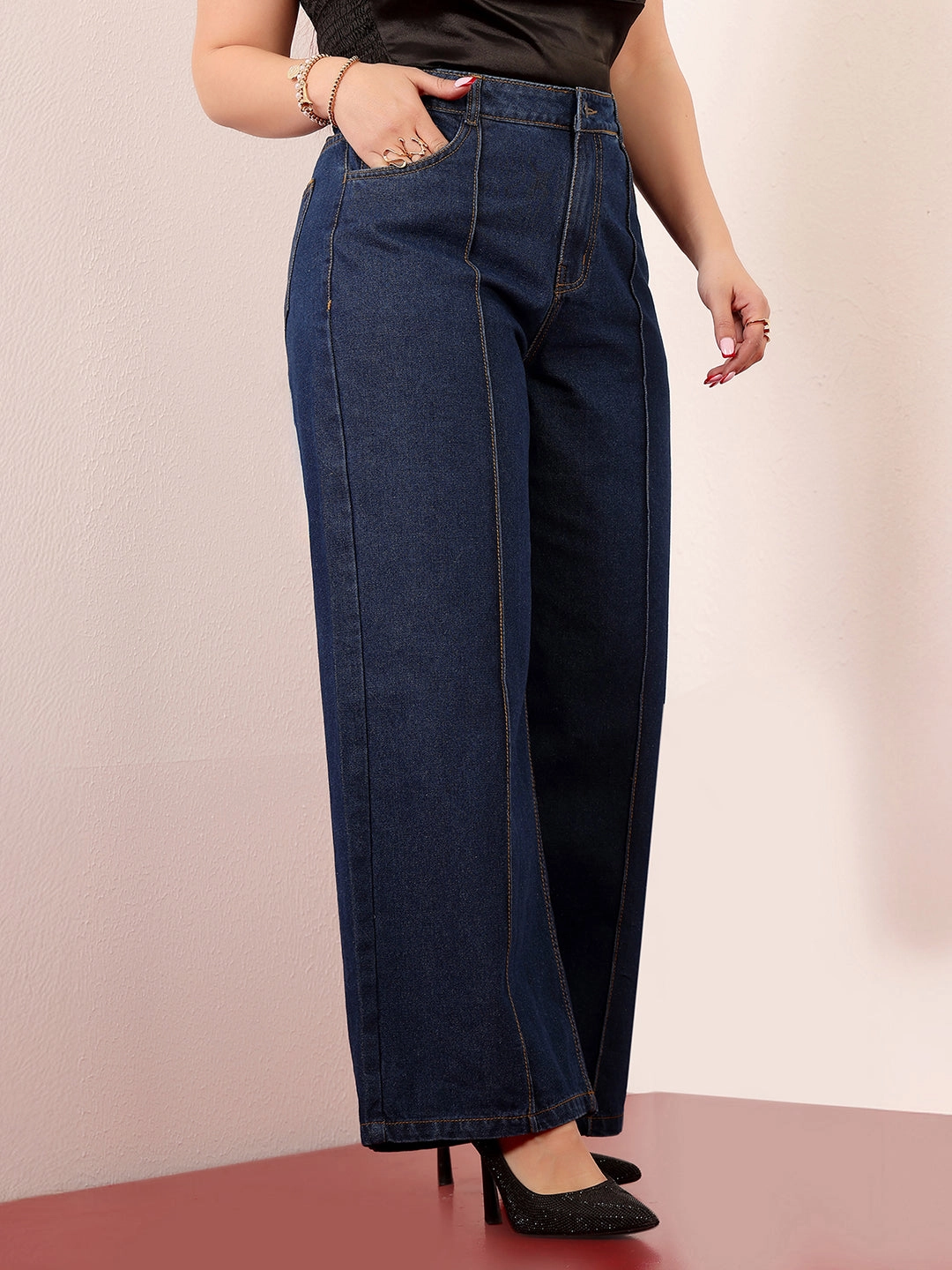 Women's Navy Blue Wide-Leg High-Rise Clean-Look Regular-Length Non-stretchable Denim Jeans Artist Vibe Premium