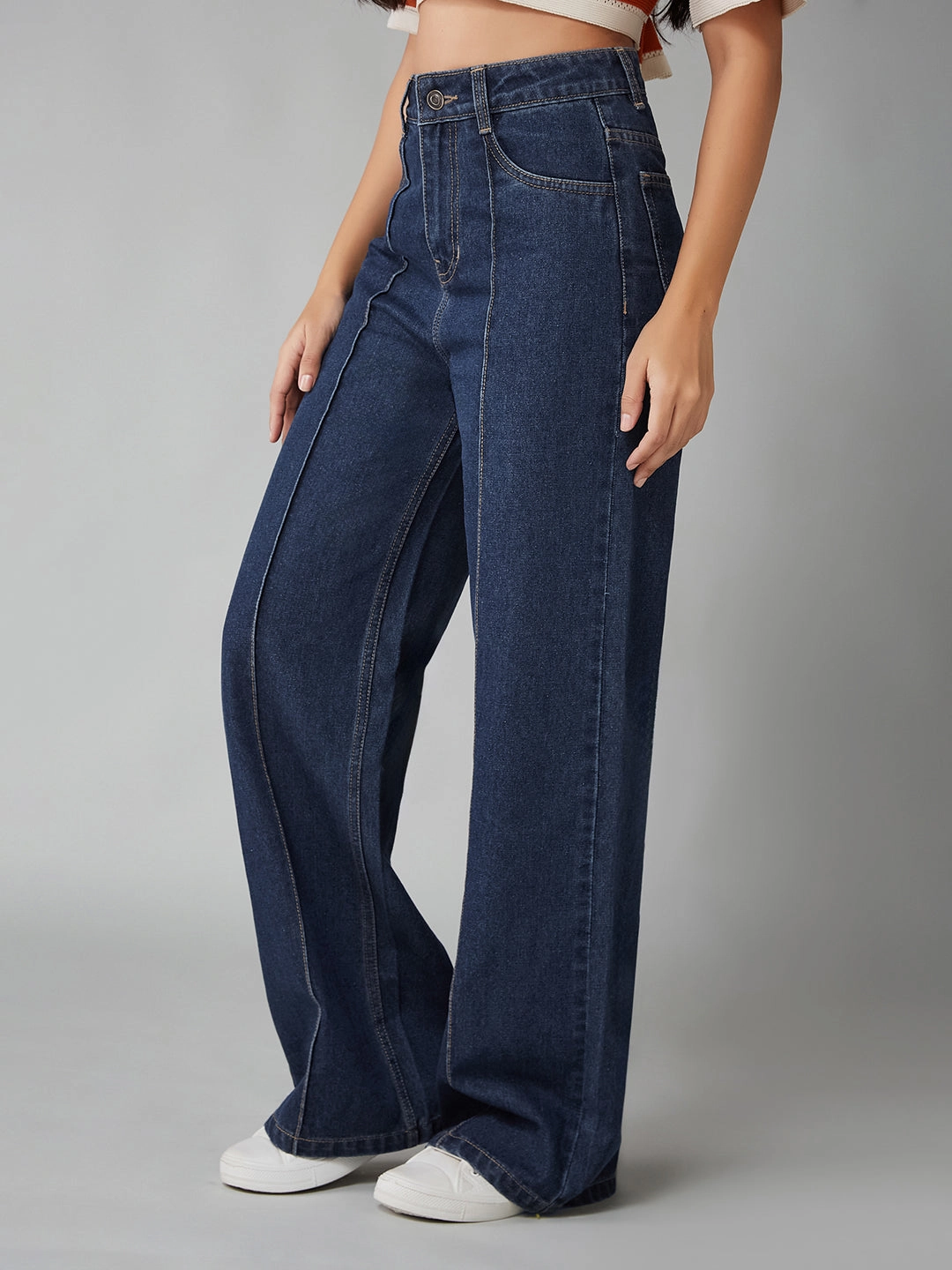 Women's Navy Blue Wide-Leg High-Rise Clean-Look Regular-Length Non-stretchable Denim Jeans Casual Friday Durable Athlete Fit