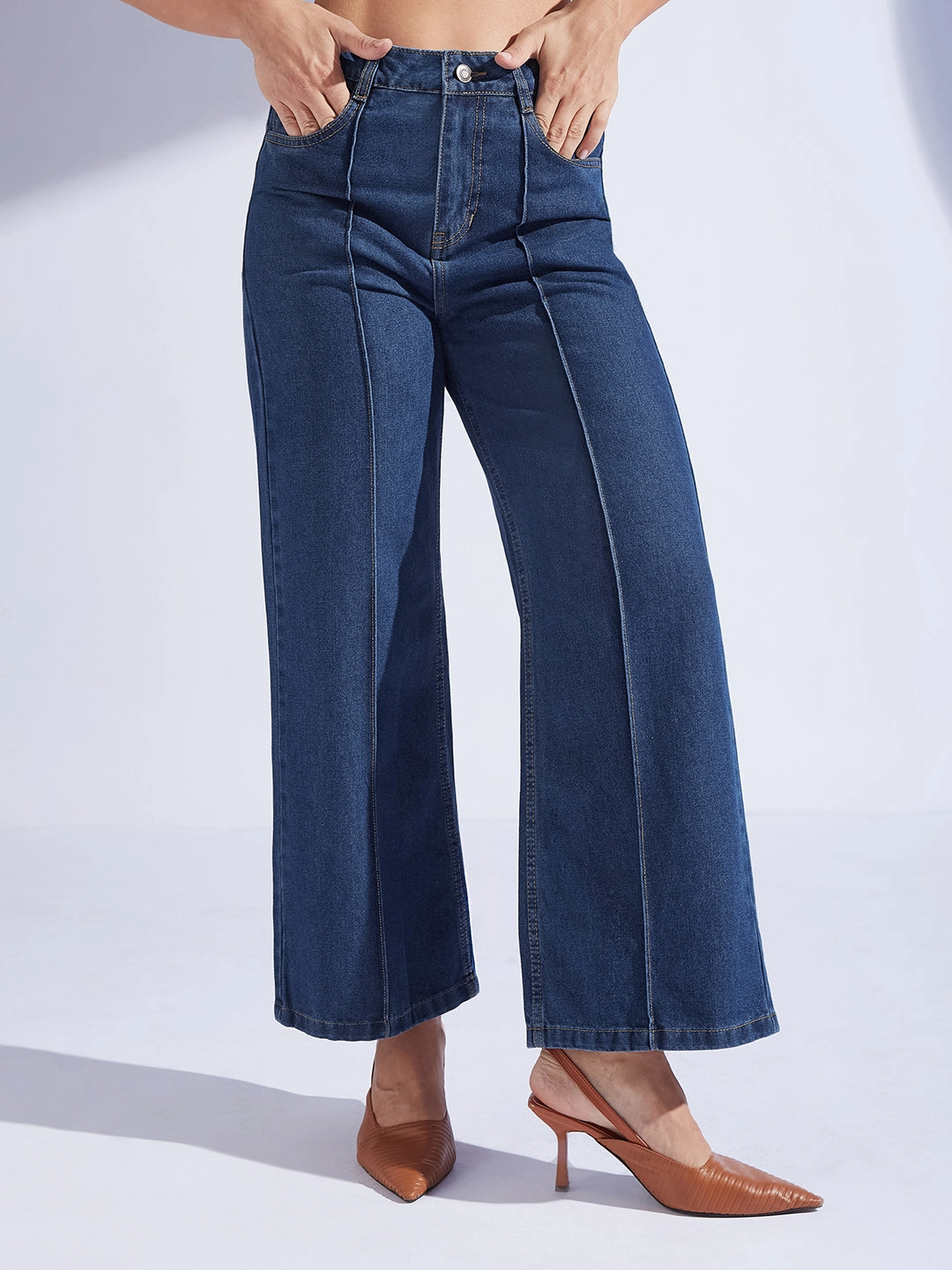 Women's Navy Blue Wide-Leg High-Rise Clean-Look Regular-Length Non-stretchable Denim Jeans Versatile Outfit