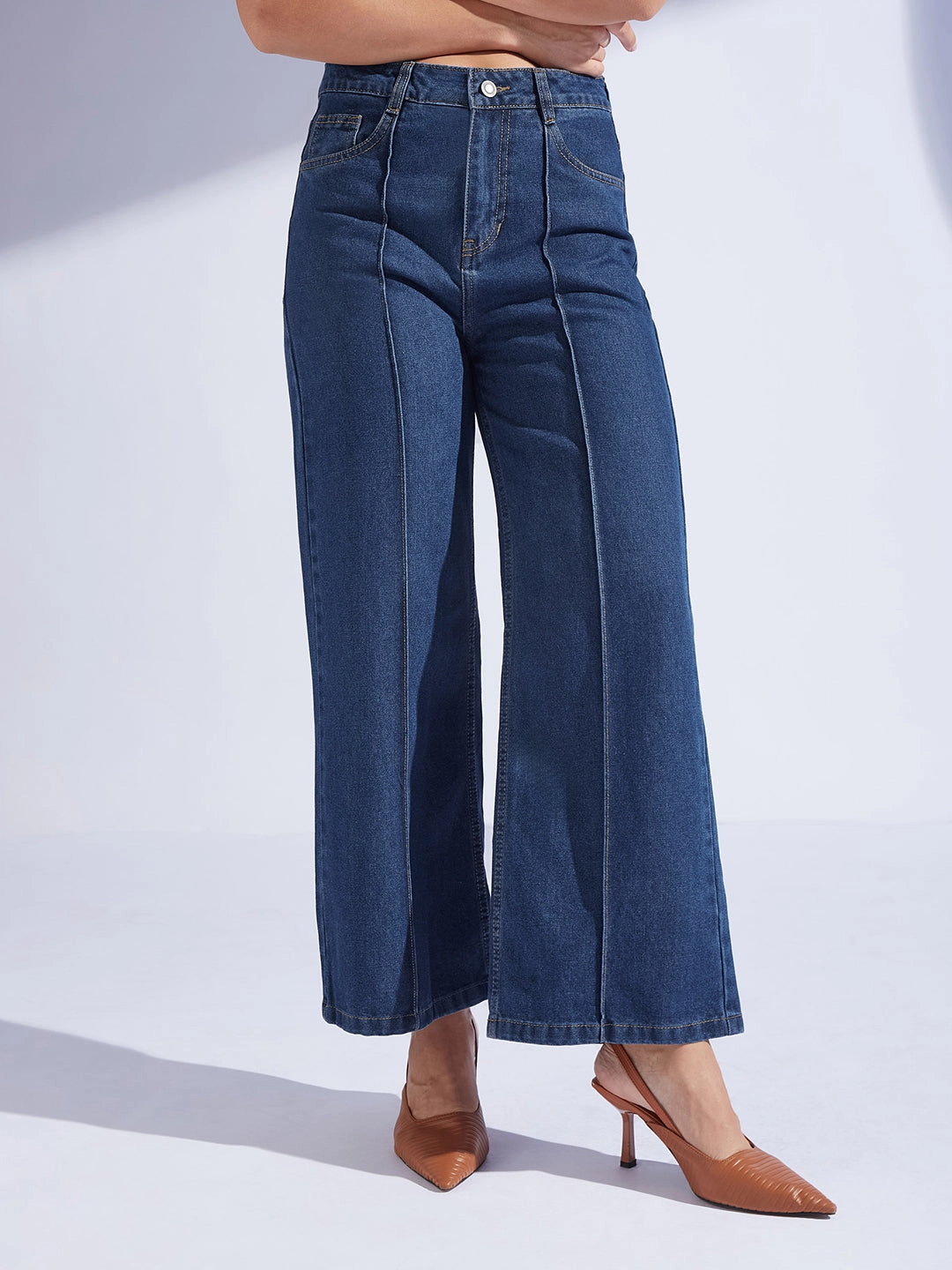 Versatile Outfit Beach Day Modern Women's Navy Blue Wide-Leg High-Rise Clean-Look Regular-Length Non-stretchable Denim Jeans
