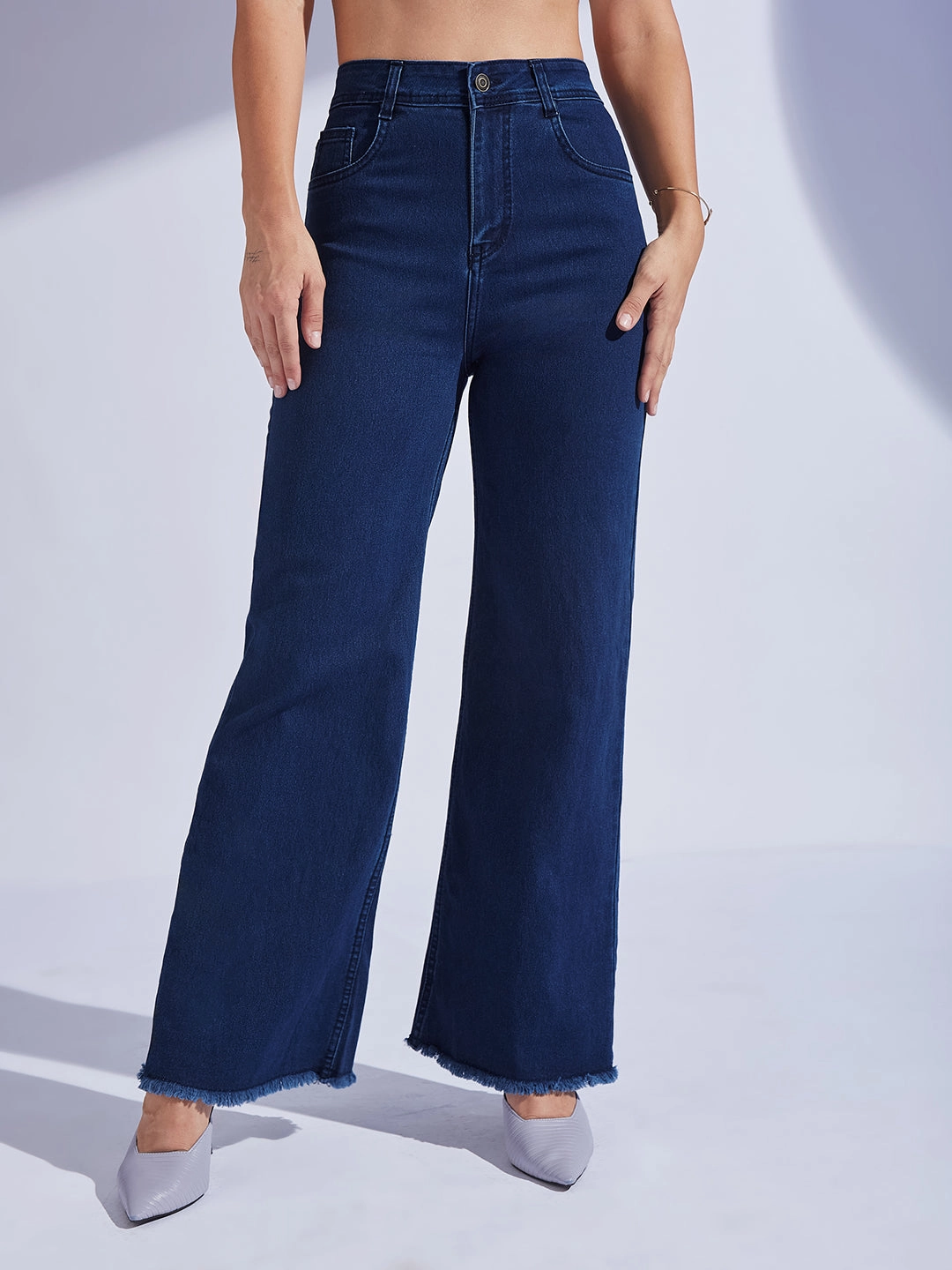 Women's Navy Blue Wide-Leg High-Rise Clean-Look Regular-Length Stretchable Denim Jeans Home Comfort Bold Look Sunny Vibes