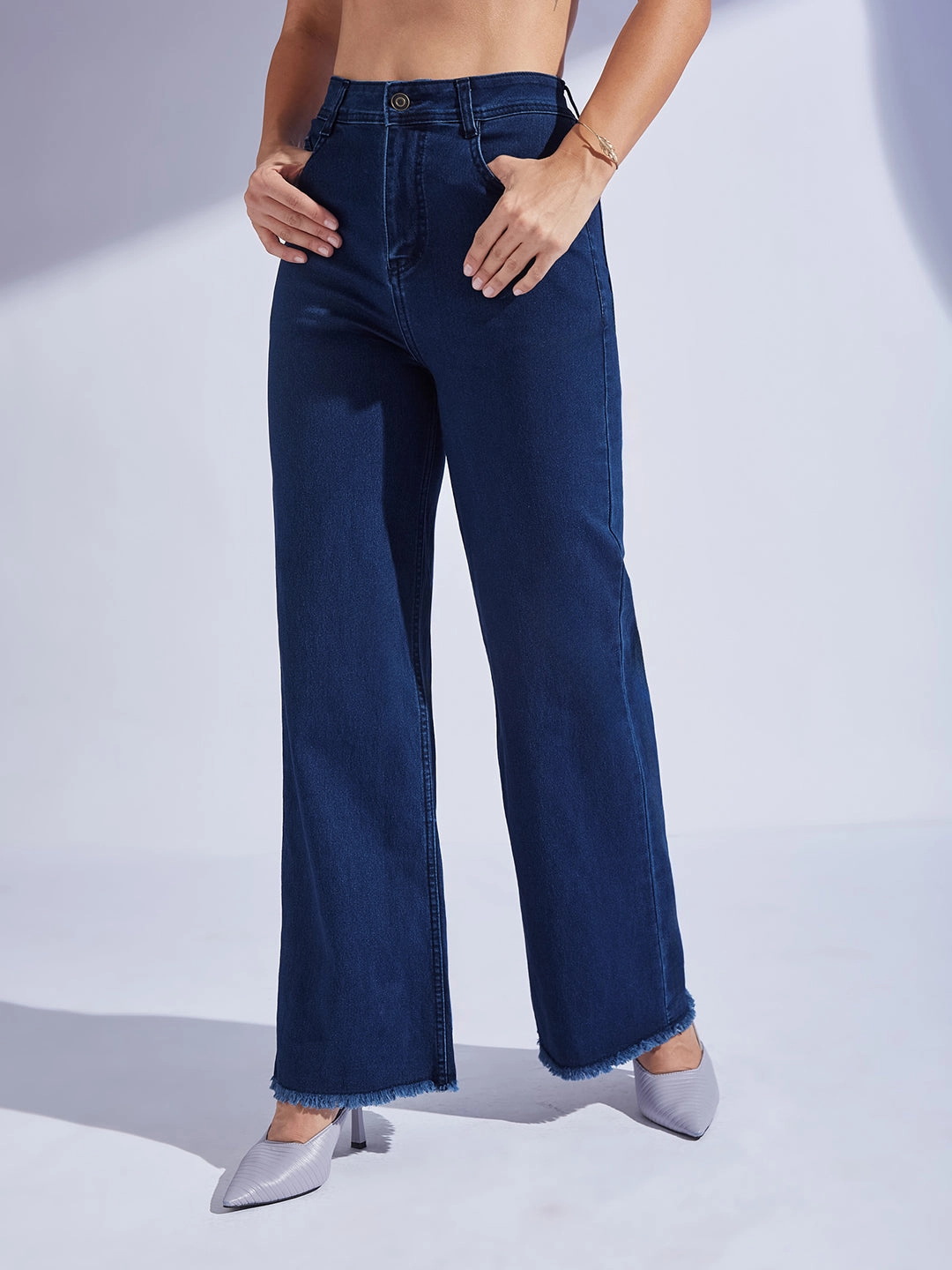 Neutral Loose Weekend Uniform Women's Navy Blue Wide-Leg High-Rise Clean-Look Regular-Length Stretchable Denim Jeans