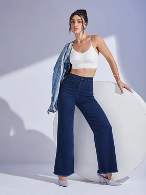 Pre Washed Denim Odor Control Tech Women's Navy Blue Wide-Leg High-Rise Clean-Look Regular-Length Stretchable Denim Jeans