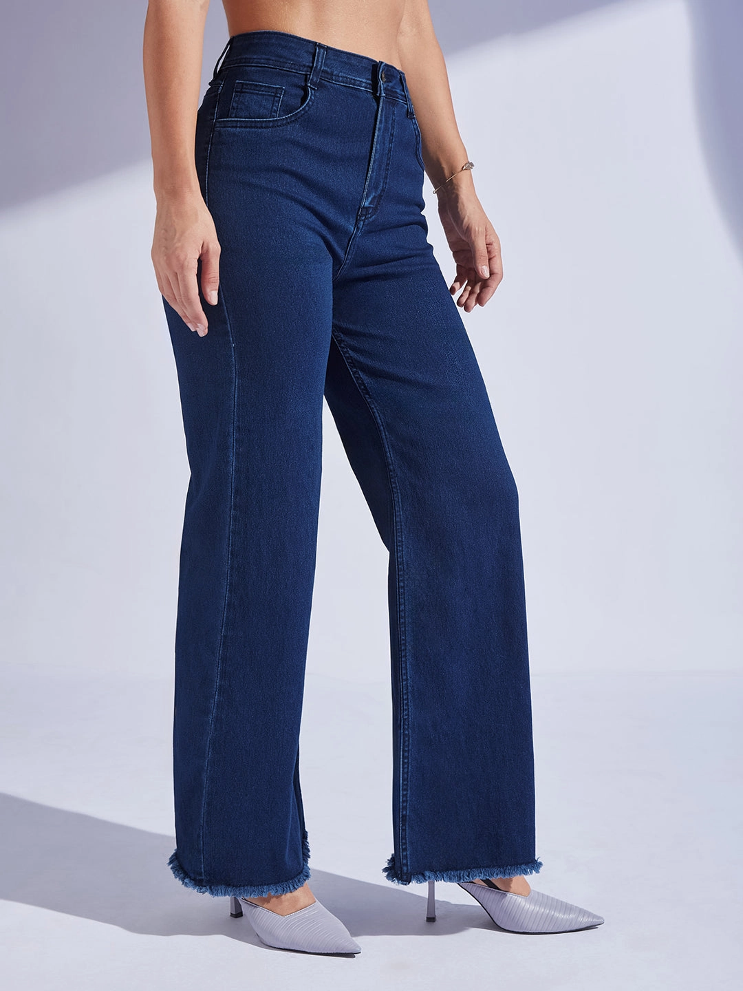 Women's Navy Blue Wide-Leg High-Rise Clean-Look Regular-Length Stretchable Denim Jeans Elegant Travel Outfit Minimalist Style