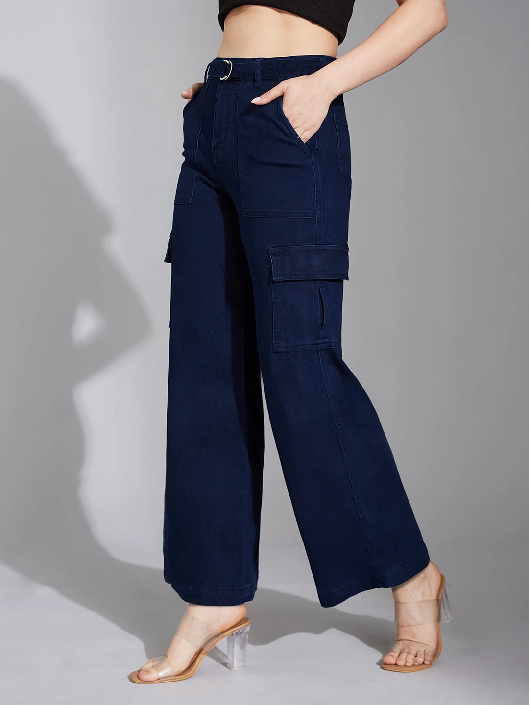 Women's Navy Blue Wide-Leg High-Rise Clean-Look Regular Stretchable Cargo Denim Jeans Smooth Feel Evening Stroll Stretch Breathable