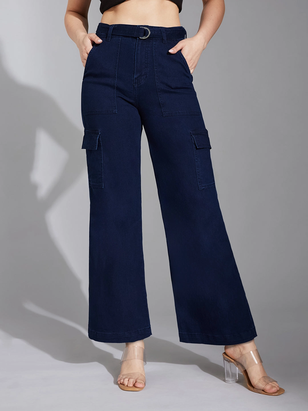 Women's Navy Blue Wide-Leg High-Rise Clean-Look Regular Stretchable Cargo Denim Jeans Belt Loop Reinforcement Classic Fit