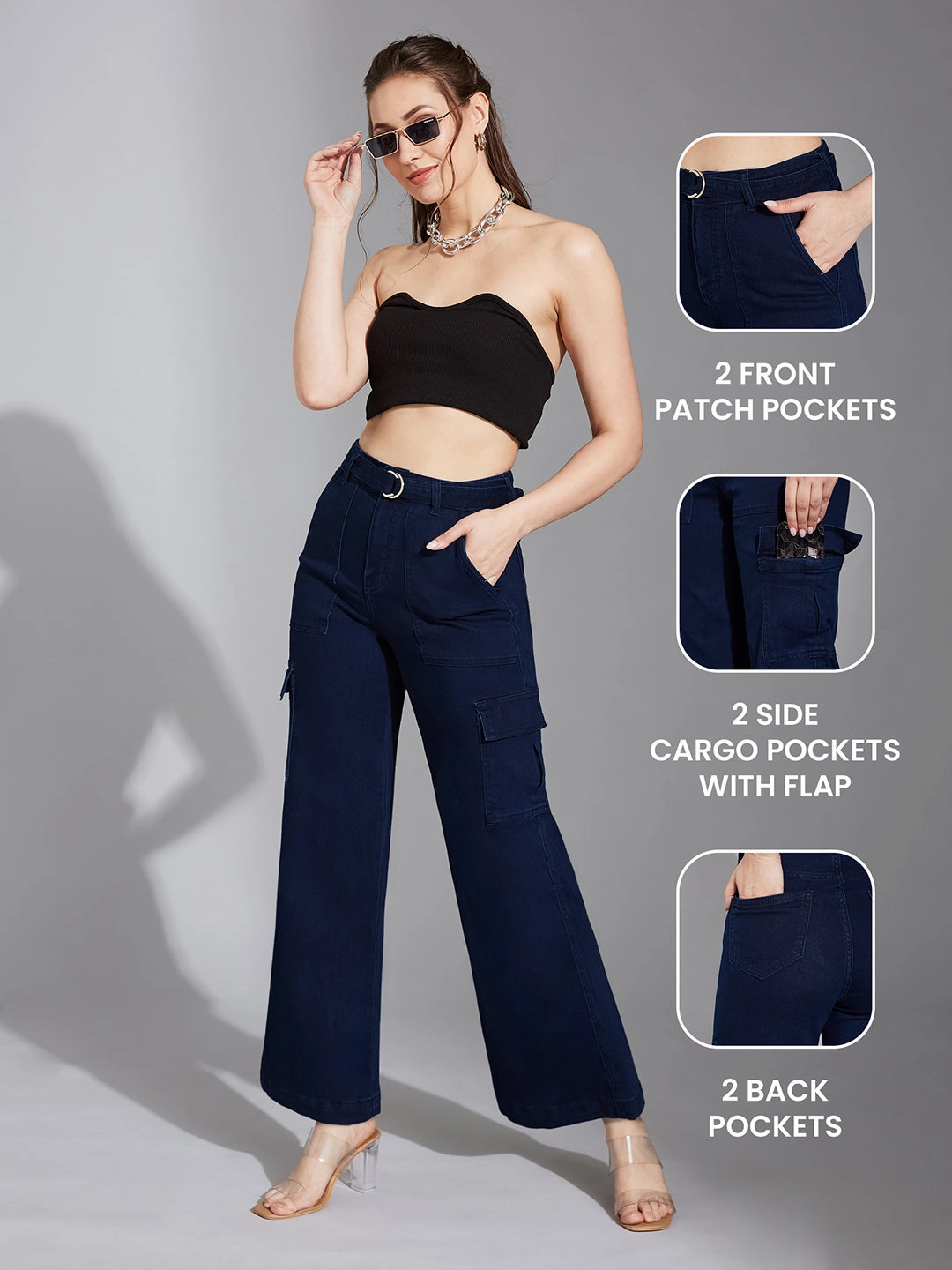 Women's Navy Blue Wide-Leg High-Rise Clean-Look Regular Stretchable Cargo Denim Jeans Weekend Style Casual Parent Style Everyday Wear