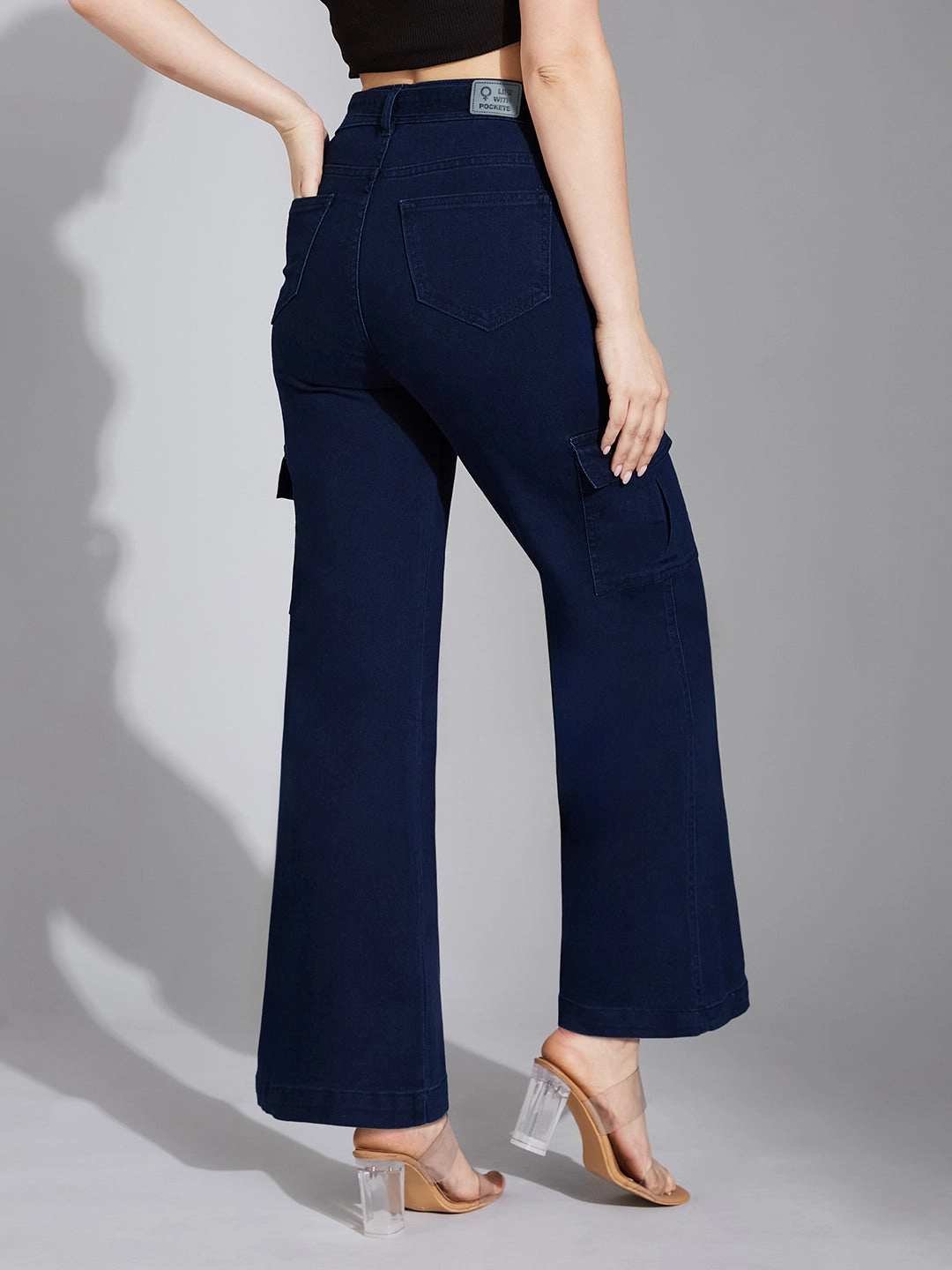 Spring Mood Outdoor Enthusiast Formal All Style Fit Women's Navy Blue Wide-Leg High-Rise Clean-Look Regular Stretchable Cargo Denim Jeans