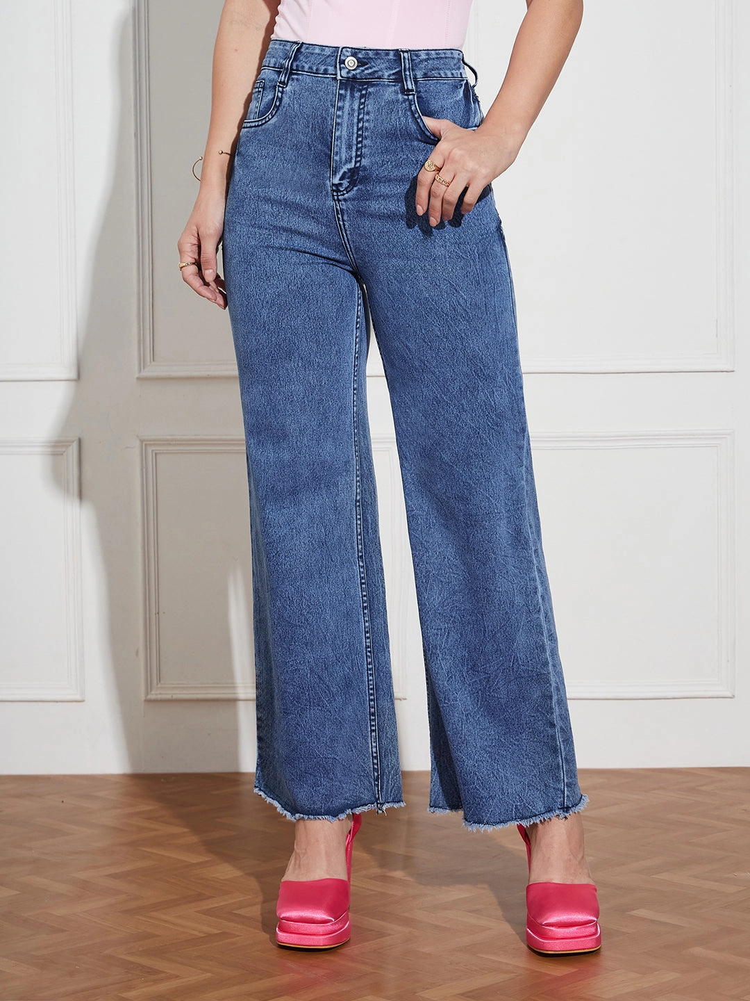 Women's Navy-Blue Wide Leg High-Rise Clean Look Regular Stretchable Denim Jeans Quality Wear Common Outfit