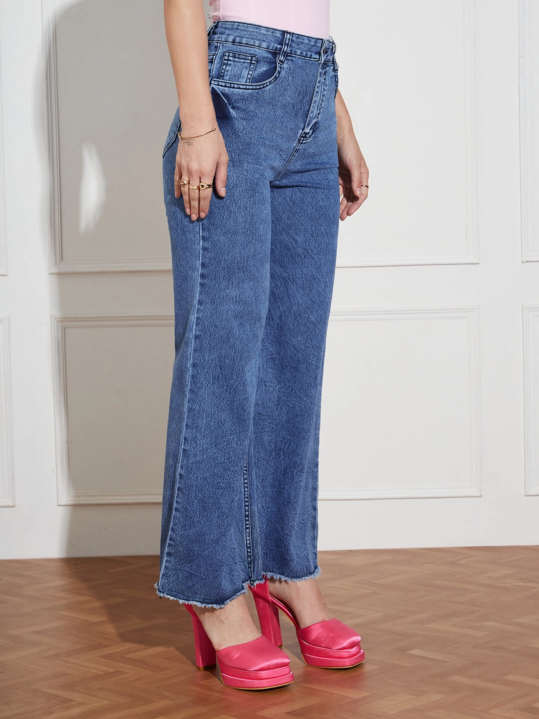 Women's Navy-Blue Wide Leg High-Rise Clean Look Regular Stretchable Denim Jeans Family Style Casual Work Meeting