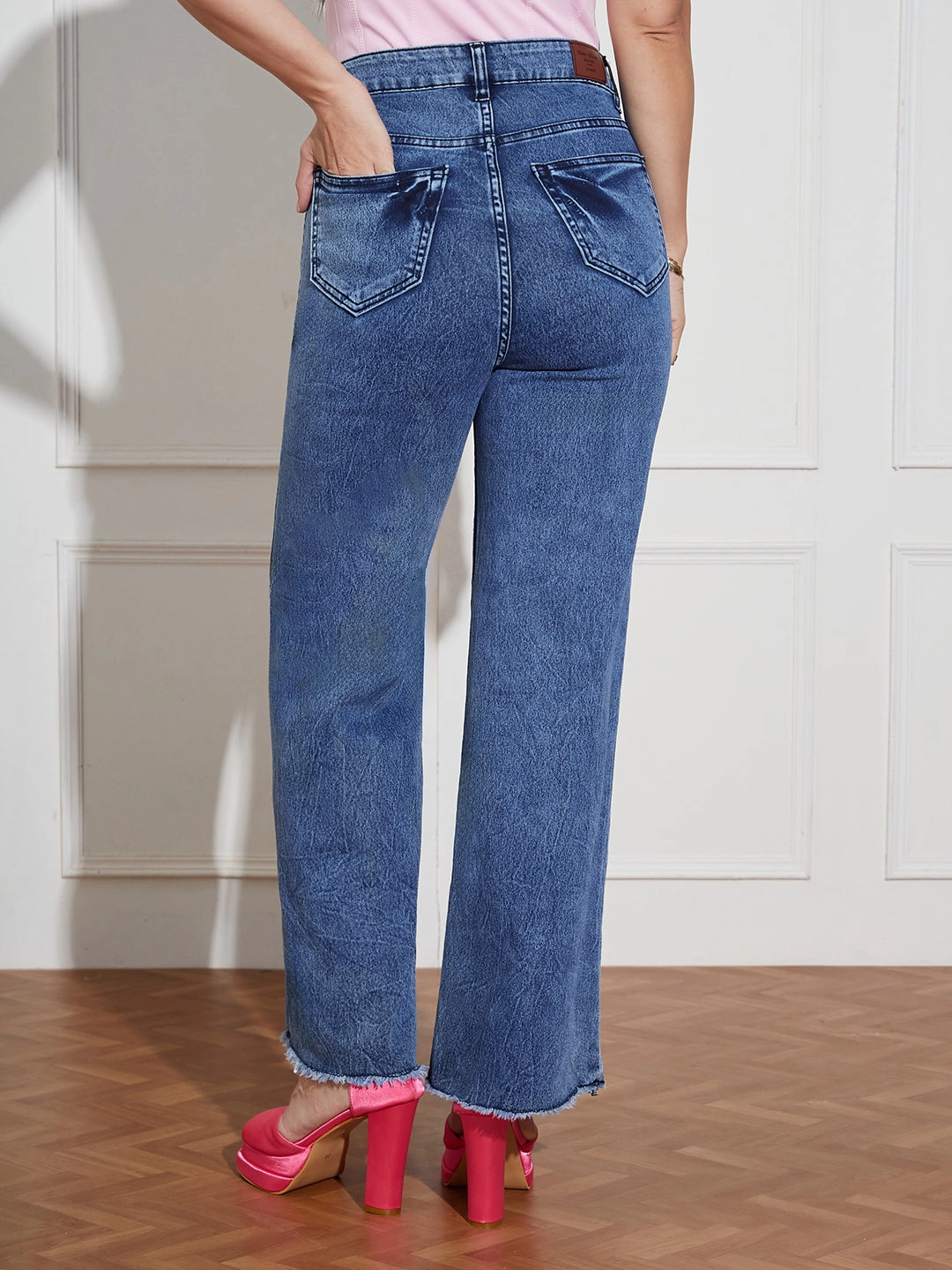 Women's Navy-Blue Wide Leg High-Rise Clean Look Regular Stretchable Denim Jeans Affordable Durable