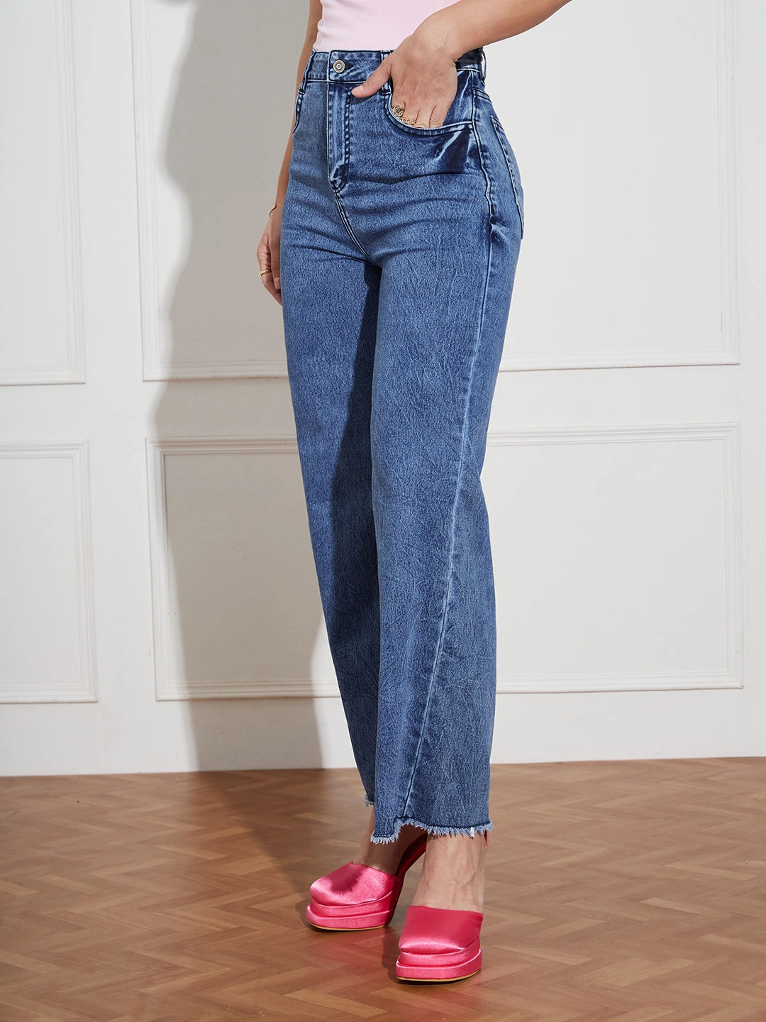 Trend Setter Road Trip Casual Women's Navy-Blue Wide Leg High-Rise Clean Look Regular Stretchable Denim Jeans