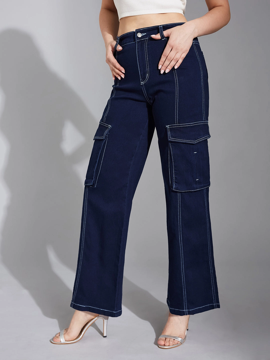 Trend Neutral Women's Navy Blue Wide-Leg High-Rise Clean-Look Regular Stretchable Denim Jeans