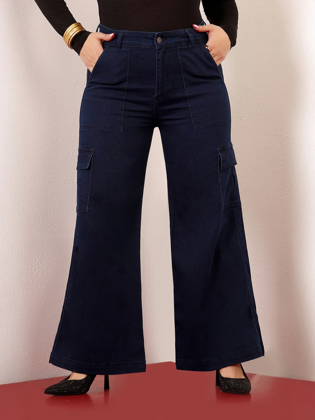 Women's Navy Blue Wide-Leg High-Rise Clean-Look Stretchable Cargo Denim Jeans Basic Piece