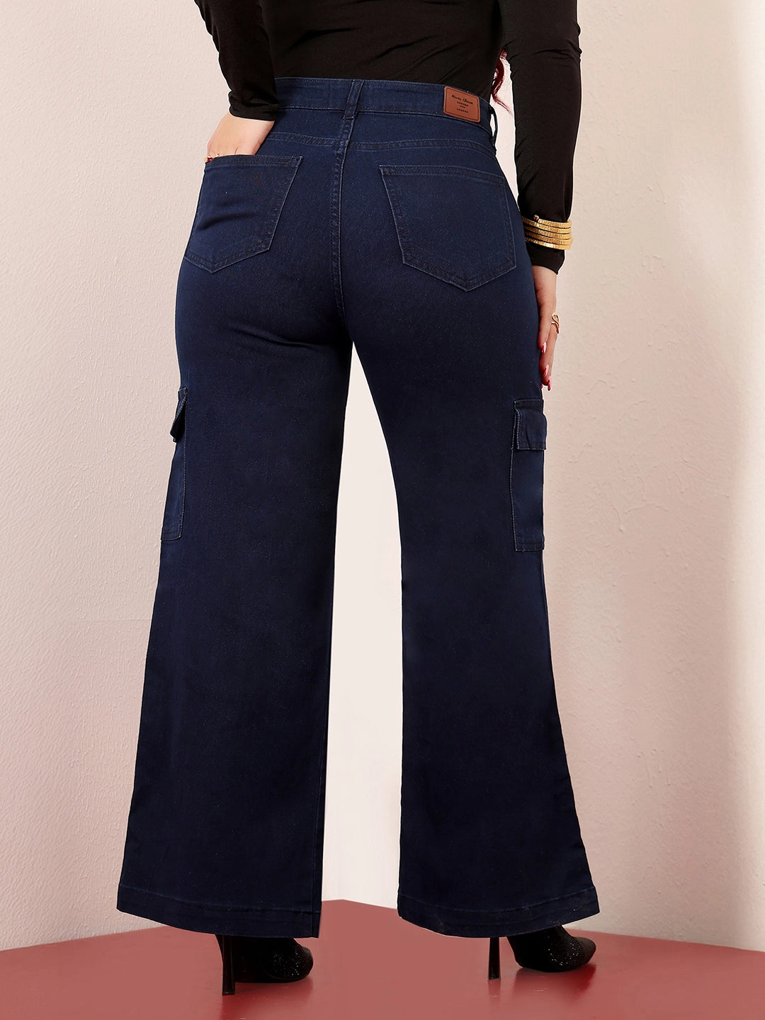 Casual Friday Durable Athlete Fit Easy Fit Women's Navy Blue Wide-Leg High-Rise Clean-Look Stretchable Cargo Denim Jeans