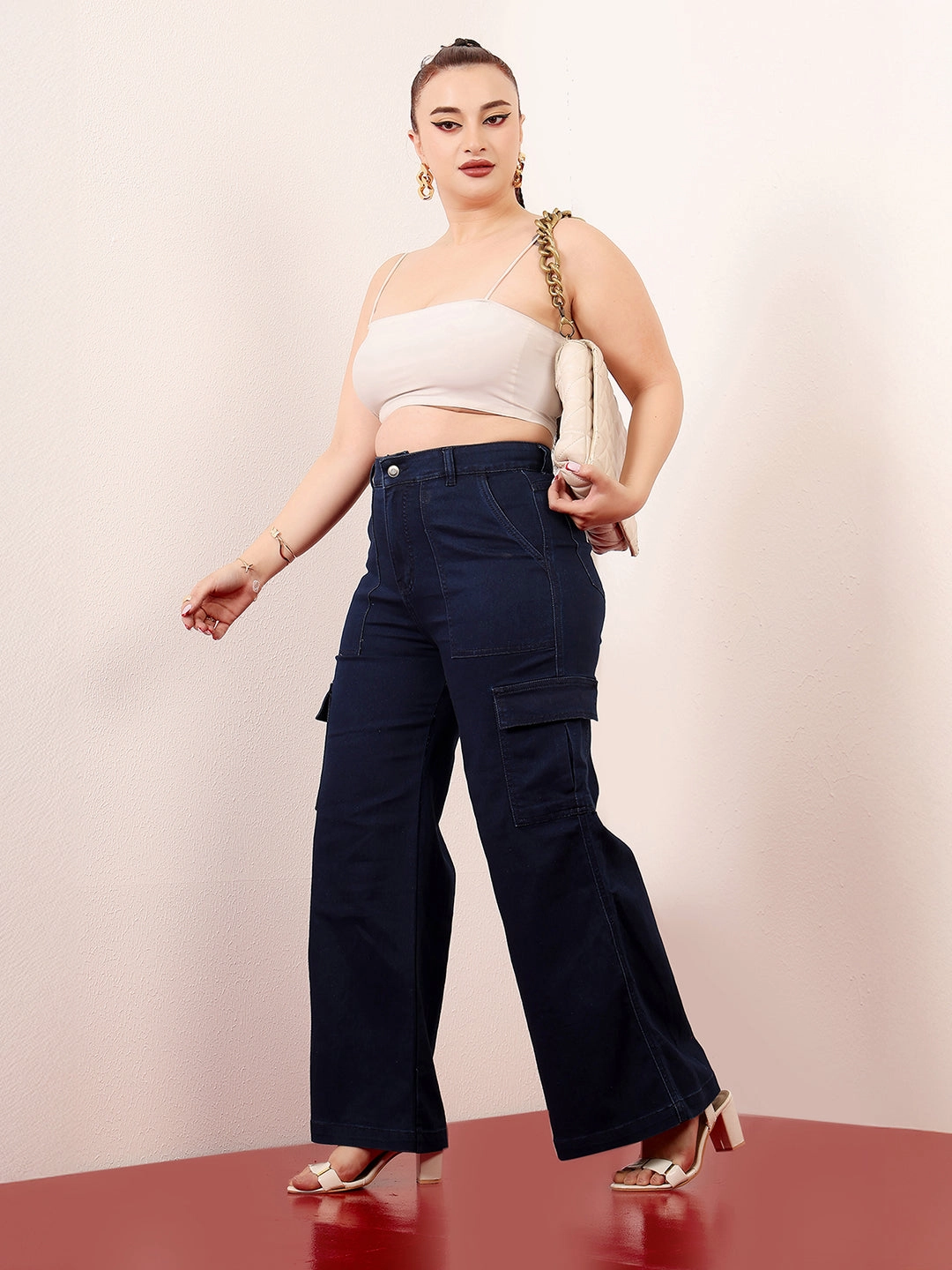 Raw Hem Design Women's Navy Blue Wide-Leg High-Rise Clean-Look Stretchable Denim Cargo Jeans