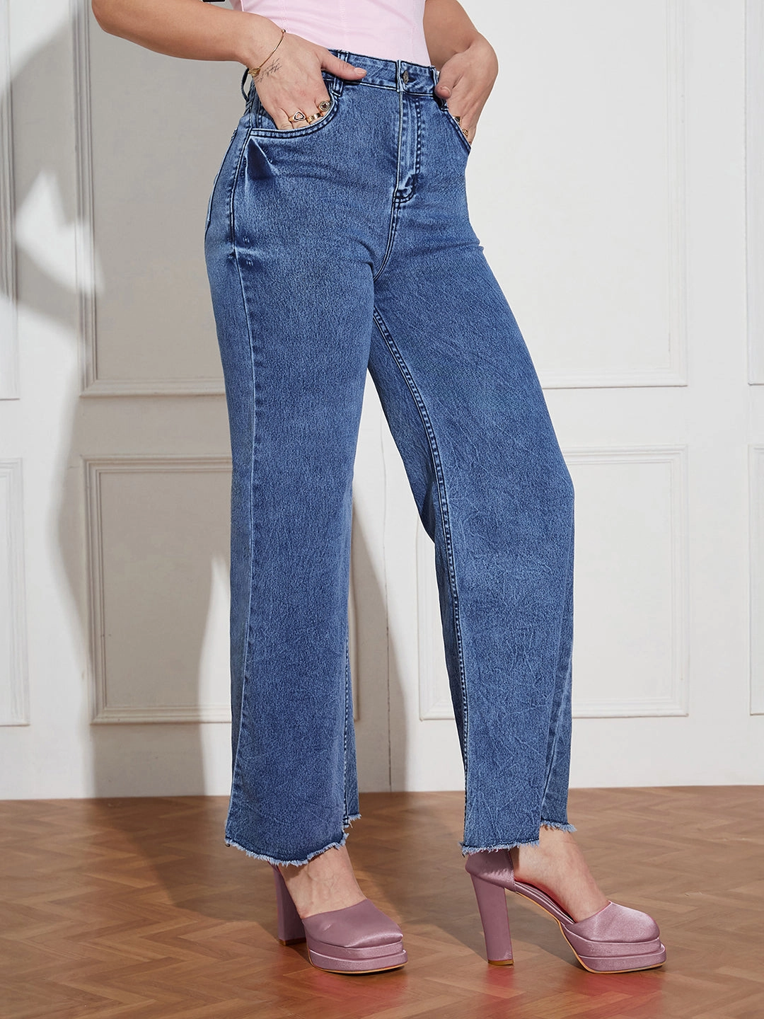 Elegant Vibrant Textured Women's Navy-Blue Wide-Leg High-Rise Clean-Look Stretchable Denim Jeans